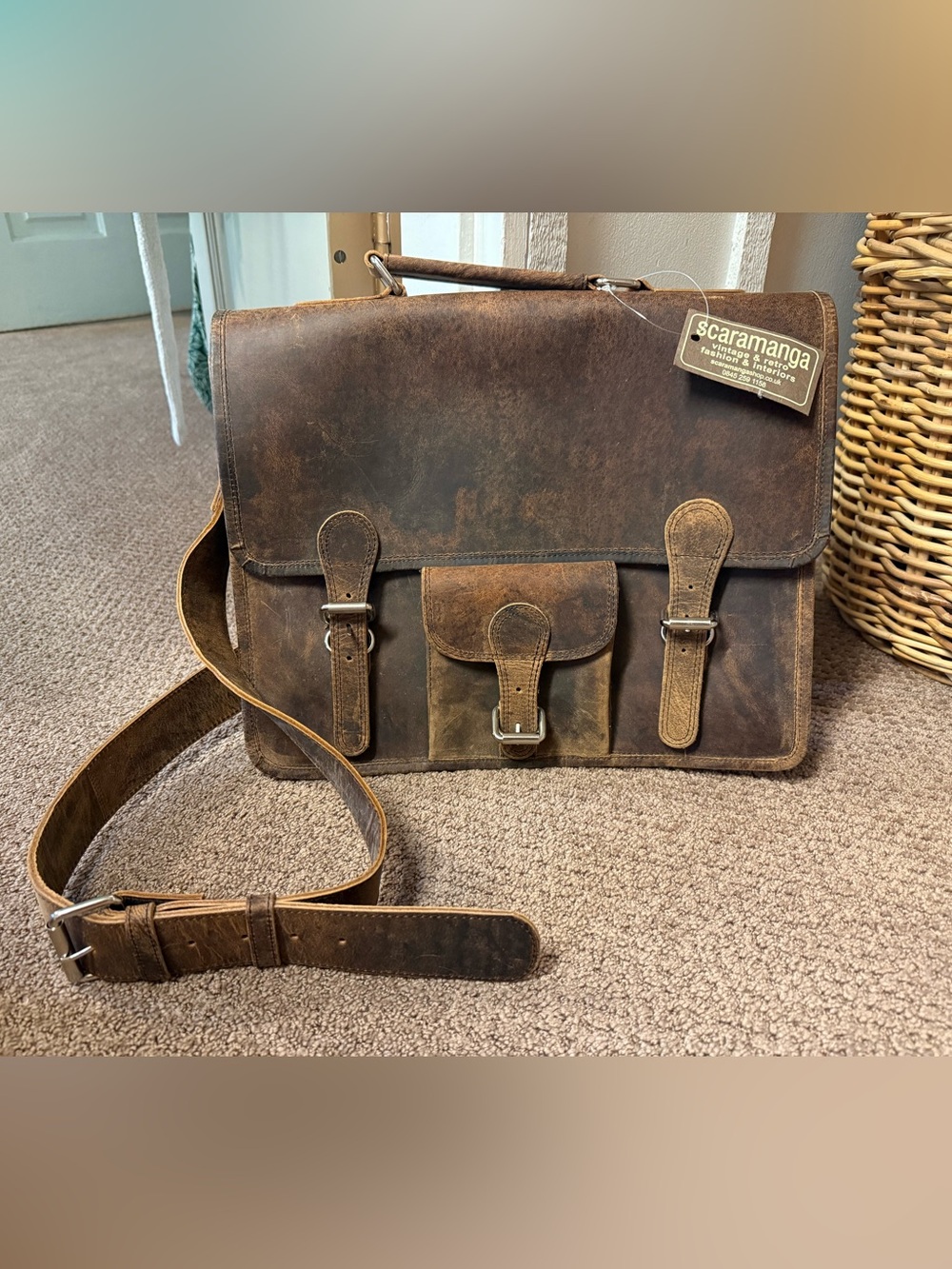 Distressed Brown Leather Briefcase Messenger Bag